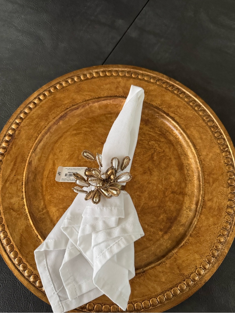 Pier 1 NWT Gold Beaded Floral Napkin Ring with White Beads - Home Dining.